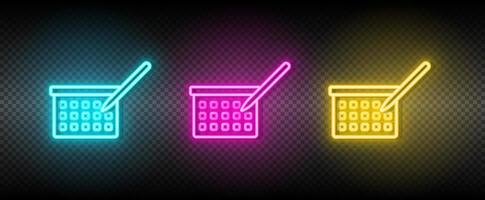 Einkaufen Korb, Kalender Neon- Symbol Satz. Medien Marketing Vektor Illustration Neon- Blau, Gelb, rot Symbol einstellen