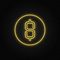 dollar, pengar, mynt gul neon ikon .transparent bakgrund. gul neon vektor ikon på mörk bakgrund