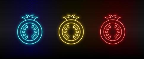 Neon- Symbol einstellen Tomaten. einstellen von Rot, Blau, Gelb Neon- Vektor Symbol auf dunkel Hintergrund