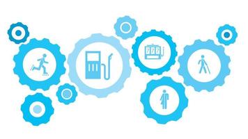 blind man silhuett redskap blå ikon uppsättning. abstrakt bakgrund med ansluten kugghjul och ikoner för logistik, service, frakt, distribution, transport, marknadsföra, kommunicera begrepp vektor