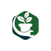 Garten-Fix-Vektor-Logo-Konzept. Blumentopf und Schraubenschlüssel-Logo-Symbol. vektor