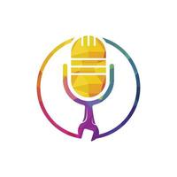 Podcast-Vektor-Logo-Design reparieren. Schraubenschlüssel und Mikrofon-Icon-Design.
