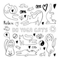 bezaubernd Hand gezeichnet Katzen einstellen Sitzung im Yoga Pose. isoliert auf Weiß Hintergrund Zeichnung zum Textil- Drucke, Kind Poster, süß Schreibwaren. vektor