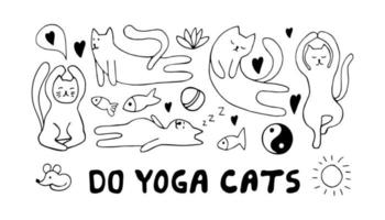 förtjusande hand dragen katter uppsättning Sammanträde i yoga utgör. isolerat på vit bakgrund teckning för textil- grafik, barn affisch, söt pappersvaror. vektor