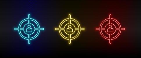 Neon- Symbol einstellen Zielen, Kunde Ziel. einstellen von Rot, Blau, Gelb Neon- Vektor Symbol auf dunkel transparent Hintergrund