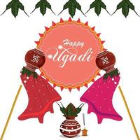 gudi padwa eller glad ugadi gratulationskort med kalash vektor