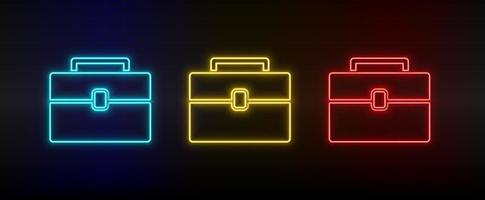 neon ikon uppsättning portfölj, väska. uppsättning av röd, blå, gul neon vektor ikon på mörk transparent bakgrund