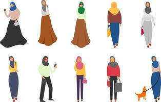 Muslim Frauen Satz. süß Karikatur arabisch Mädchen im traditionell Kleid. Geschäftsfrau Sammlung. vektor