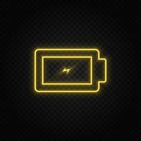 gul neon ikon avgift, batteri. transparent bakgrund. gul neon vektor ikon på mörk bakgrund