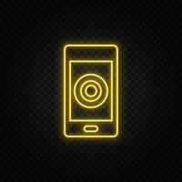 gul neon ikon mobil, spela in. transparent bakgrund. gul neon vektor ikon på mörk bakgrund