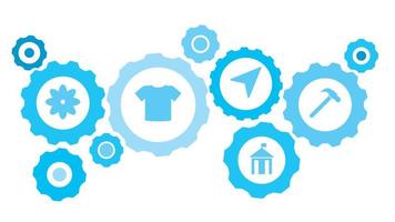 hammare redskap blå ikon uppsättning. abstrakt bakgrund med ansluten kugghjul och ikoner för logistik, service, frakt, distribution, transport, marknadsföra, kommunicera begrepp vektor