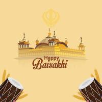 glücklicher Vaisakhi kreative Illustration goldener Tempel und Trommel vektor