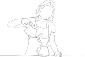 en kvinna servitör gör kaffe för kunder vektor