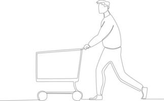 en man gående runt om de köpcenter bärande en vagn vektor