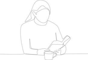 ein Frau mit lange Haar lesen ein Roman im ein Cafe vektor