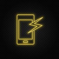 gul neon ikon bruten, telefon, mobil. transparent bakgrund. gul neon vektor ikon på mörk bakgrund