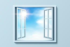 3d Illustration von ein öffnen Fenster gegen ein Blau Wand, Sonnenschein Über Blau Himmel draußen das Fenster vektor