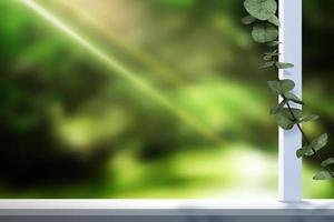 Glas Fenster mit verwischen Grün Garten Hintergrund und Kriechpflanze Pflanze im 3d Illustration. Hintergrund zum ein irgendein Werbung Banner. vektor