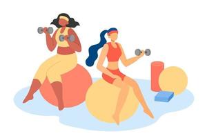 gemischtrassig weiblich Sitzung auf Fitness Bälle und tun Übung mit Hand Gewichte. eben Stil Illustration von Frauen tun Gewicht Heben vektor