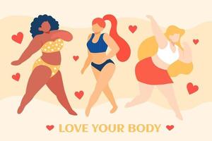eben Illustration von selbst Liebe von Übergröße Frauen. Gruppe von weiblich tragen Unterwäsche, BH und Bikini mit Herz, das Konzept von Körper Positivität vektor