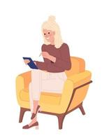 lockigt blond kvinna med mobil telefon i stol semi platt Färg vektor karaktär