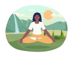 meditation 2d vektor isolerat fläck illustration. mindfulness öva. kvinna håller på med yoga i fredlig dal platt karaktär på tecknad serie bakgrund. färgrik redigerbar scen för mobil, hemsida, tidskrift