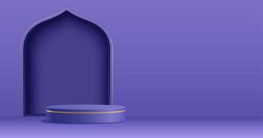 Islam Thema Produkt Anzeige Hintergrund im 3d minimal lila Design. Moschee Portal Rahmen mit Podium und leer Raum. vektor