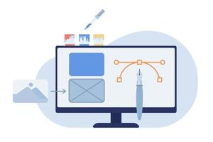 Entwerfen gut aussehend Webseite eben Konzept Vektor Stelle Illustration. Computer Monitor. editierbar 2d Karikatur Szene auf Weiß zum Netz Design. Erstellen Attrappe, Lehrmodell, Simulation, Layout kreativ Idee zum Handy, Mobiltelefon, App