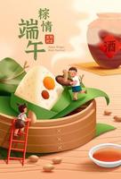 asiatisch Junge und Mädchen Klettern auf Bambus Dampfer zu nehmen Reis Knödel Zutaten. Übersetzung, wünsche Sie ein gesegnet duanwu Festival auf Mond- kann 5. vektor