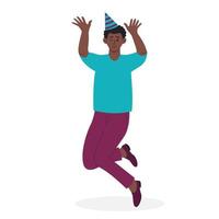 afrikanisch amerikanisch Mann im ein Papier Hut Springen und haben ein Spaß. Feier, Party, Geburtstag, Jubiläum, Urlaub, Fall, Datum Konzept. vektor