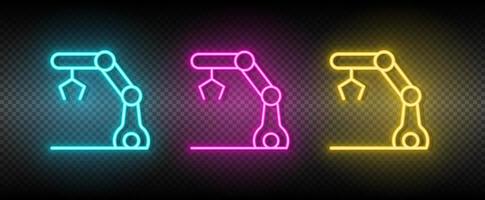 automatisera robot, hydraulisk ärm neon ikon uppsättning. teknologi vektor illustration neon blå, gul, röd ikon uppsättning