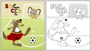 rolig känguru med elefant spelar fotboll, vektor tecknad serie illustration, färg bok eller sida