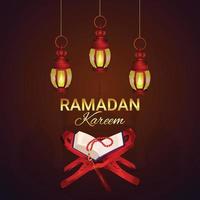 ramadan kareem kreativ islamisk festival med helig bok kuran och arabisk lykta vektor