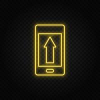 gul neon ikon telefon, pil upp, ladda upp. mörk bakgrund. vektor
