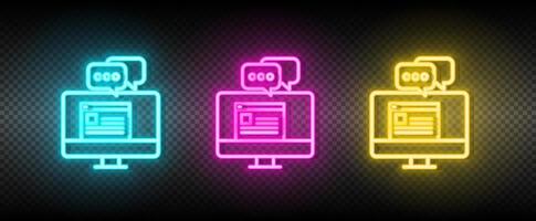 Plaudern, online Neon- Symbol Satz. Medien Marketing Vektor Illustration Neon- Blau, Gelb, rot Symbol einstellen