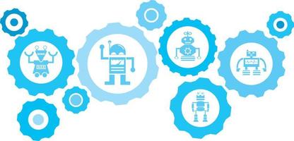 Roboter, Symbol, Technologie Blau Ausrüstung Satz. abstrakt Hintergrund mit in Verbindung gebracht Getriebe und Symbole zum Logistik, Service, Versand, Verteilung, Transport, Markt, kommunizieren Konzepte auf Weiß Hintergrund vektor
