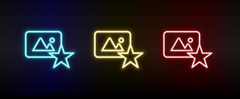 favorit, Foto, stjärna neon ikon uppsättning. uppsättning av röd, blå, gul neon vektor ikon på mörk transparent bakgrund