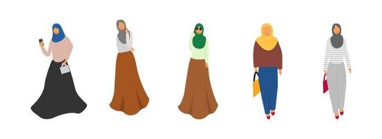 Muslim Frauen Satz. süß Karikatur arabisch Mädchen im traditionell Kleid. Geschäftsfrau Sammlung. vektor