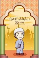 kleiner Junge, der Buch bei ramadan kareem Karikaturillustration trägt vektor