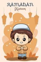 liten glad muslimsk pojke på ramadan kareem tecknad illustration vektor