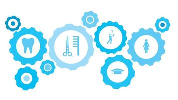 kvinna redskap blå ikon uppsättning. abstrakt bakgrund med ansluten kugghjul och ikoner för logistik, service, frakt, distribution, transport, marknadsföra, kommunicera begrepp vektor