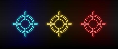 neon ikon uppsättning bullseye, darttavla. uppsättning av röd, blå, gul neon vektor ikon på mörk transparent bakgrund