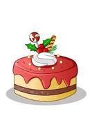 ein rotes gelbes Tortenkuchen-Weihnachtsthema mit Süßigkeiten und Stechpalmenblättern vektor