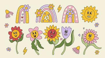 rolig uppsättning av retro årgång blomma tecknad serie karaktär illustration. söt hippie smiley blomma, kamomill. vektor