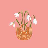 bukett av snödroppar i sugrör väska. tidigt vår blommor. blomma natur vilda blommor. vektor illustration