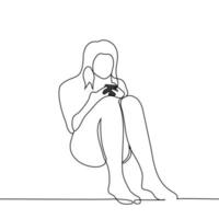 Frau Sitzung gelehnt zurück gegen das Mauer halten Telefon mit beide Hände mit Beine gebogen beim das Knie - - einer Linie Zeichnung Vektor. das Konzept von Internet Sucht, Telefon Sucht vektor