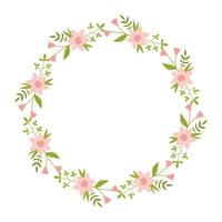 Vektor Kranz mit Grün Blätter und gestreift Rosa Blumen. Blumen- Rahmen zum Feierlichkeiten. Blume runden Rand Kopieren Raum. romantisch Design zum Gruß Karten. Text Vorlage mit Frühling Pflanzen.