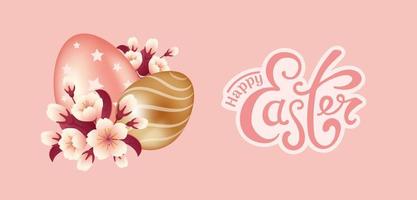 glücklich Ostern. horizontal Vektor Banner, realistisch Stil. golden und Rosa Schokolade Eier, Kirsche Blüte. Jahrgang Beschriftung. zum Poster, Postkarten, Werbung Banner, Webseite, Verkauf Flyer.