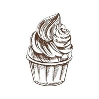 en ritad för hand skiss av frysta yoghurt eller mjuk is grädde, muffin i en kopp. årgång illustration. element för de design av etiketter, förpackning och vykort. vektor