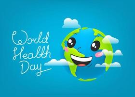 Weltgesundheitstag-Feierkarte. lächelnde Erde mit Beschriftungsinschrift vektor